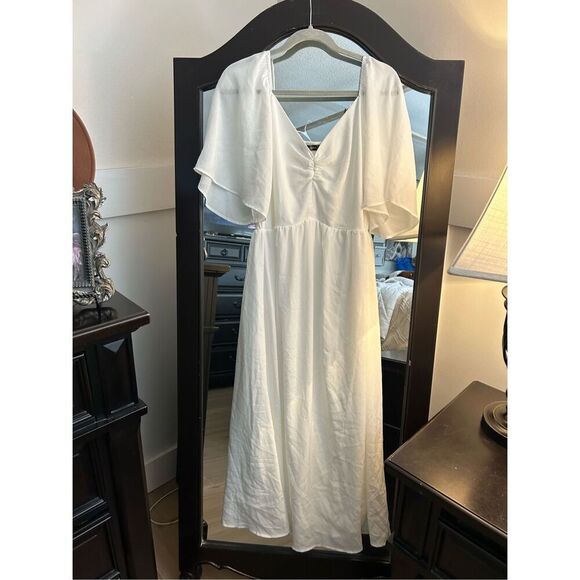 NEW Short Sleeve Bow Tie V Neck Ruffle Midi Flowy Dress L - Picture 3 of 7